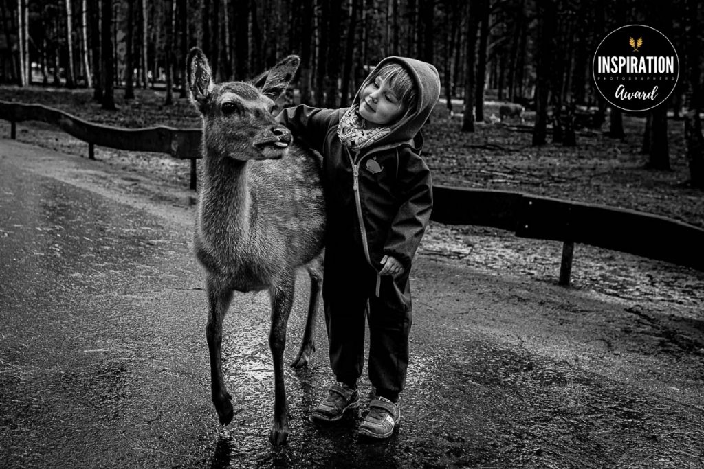 Kind streichelt Reh Kinderfoto Kinderfotografie Kinderfotografin Kinderfotograf Kinderfoto mit Reh - Familienreportage